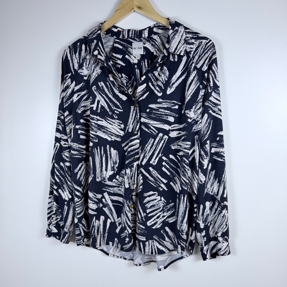 Office Siren Art To Wear NIC+ZOE Black White Brushstroke Button Front Blouse L
